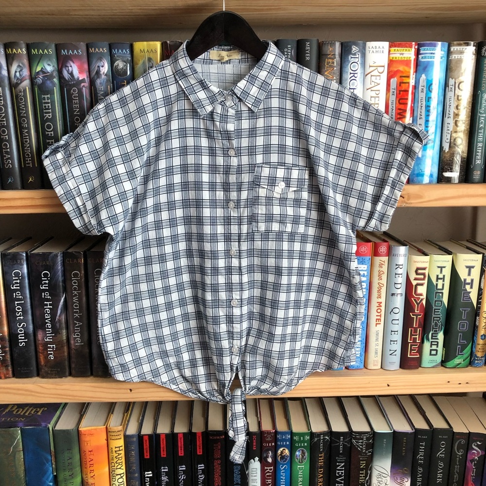 White and Blue Checkered Plaid Button Up Shirt